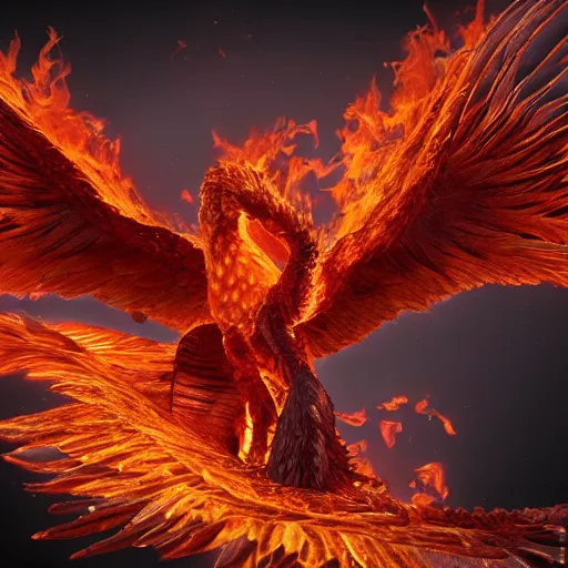 Prompt: hyperdetailed image of a detailed flaming phoenix its feirce head and wings spread 8 k extremely detailed hd hyperrealism unreal engine daz 3 d