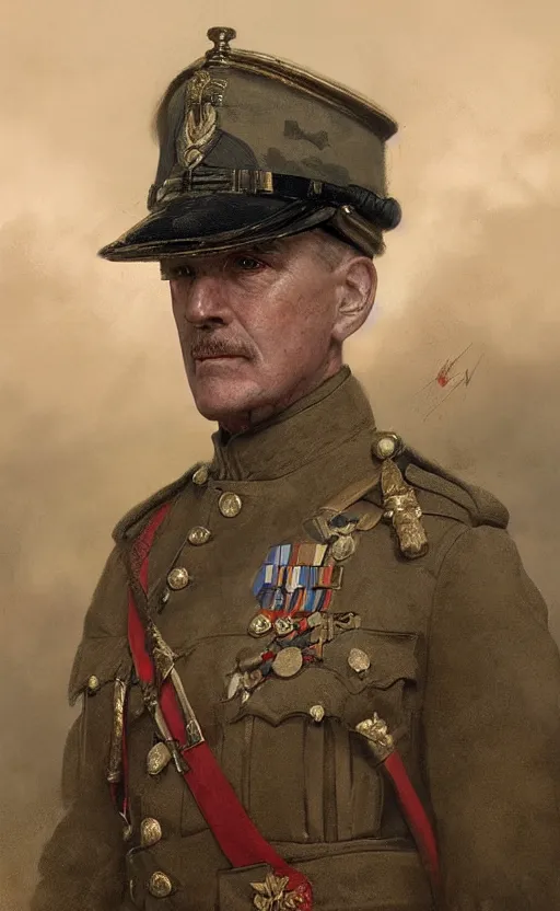 Prompt: official portrait of a British general WWI, detailed face, 20th century, highly detailed, cinematic lighting, digital art painting by greg rutkowski