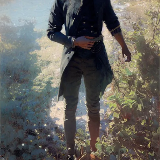 Prompt: detailed cinematic wide shot of beautiful attractive young man black clothes black hair no beard slim face symettrical face clean skin blue eyes black clothes, ultra realistic, spring light, painting by gaston bussiere, craig mullins, j. c. leyendecker