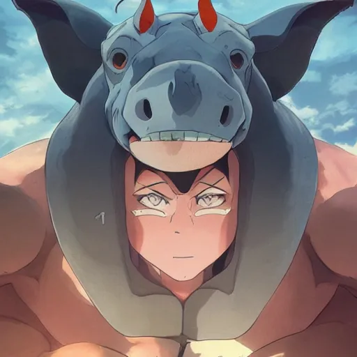 Image similar to a strong rhino at the gym, illustration concept art anime key visual trending pixiv fanbox by wlop and greg rutkowski and makoto shinkai and studio ghibli and kyoto animation symmetrical facial features