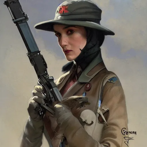 Prompt: a detailed matte painting of a cyborg velociraptor wearing a beret, in nazi occupied france, french resistance, 8 k, artstation, art by greg rutkowski and alphonse mucha