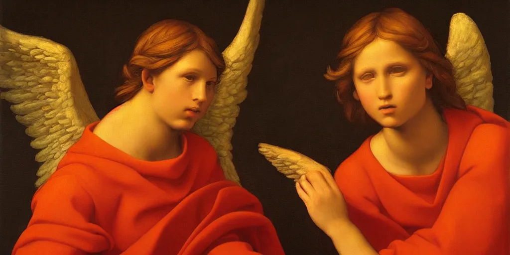 Image similar to beautifully lit realistic representation of a stunning angel. oil on copper by raphael.