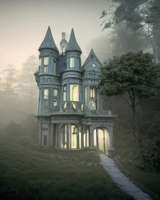 Image similar to a wide angle low photo of a colossal ghostly victorian mansion on the edge of a cliff above a misty forest at night, volumetric light, epic proportions, ultradetailed, 8 k