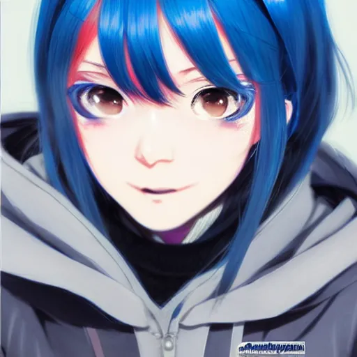 Image similar to ene from mekakucity actors, wearing blue jacket, blue pigtails, cool color palette, digital art by aramaki shinji, by artgerm, by cushart krenz, by wlop, colorful, insanely detailed and intricate, hypermaximalist, elegant, ornate, hyper realistic, super detailed