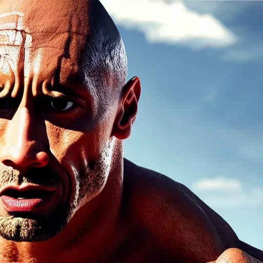 Image similar to the rock but he has white skin and two horns coming out of his forehead