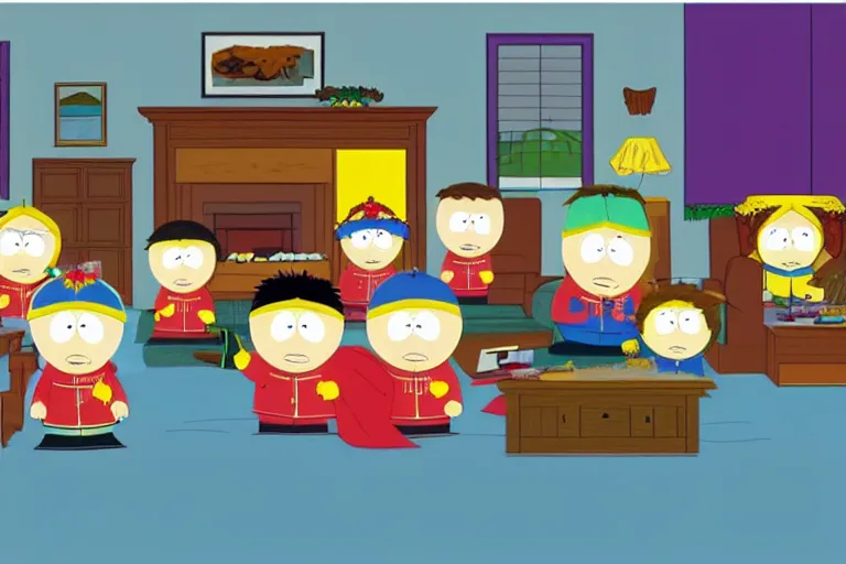 Image similar to south park kids as simpson character, pack shot, tv frame, house in background,