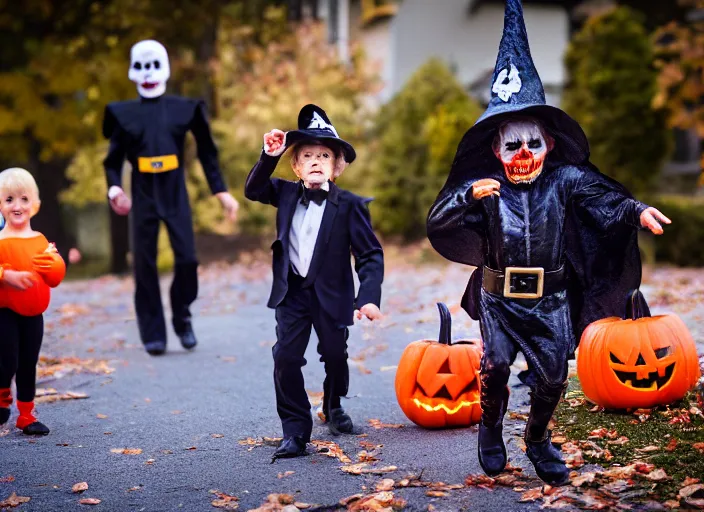 Image similar to dslr photo still of chuck norris trick or treating on halloween, 4 k, 1 2 0 mm f 1 6