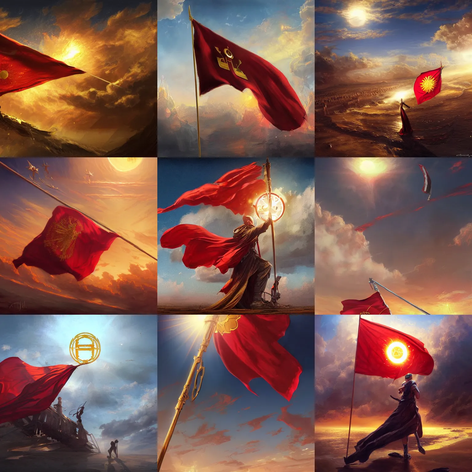 Prompt: red flag with golden sun symbol floating in sky, intricate, highly detailed, digital painting, concept art, sharp focus, illustration, aleksi briclot, rutkowski