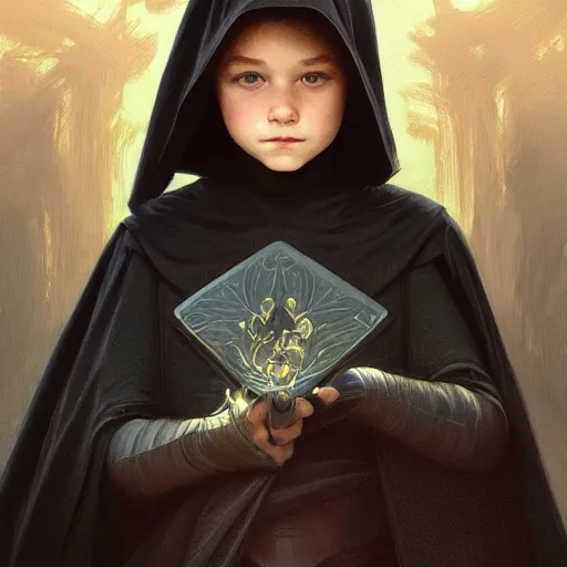 Image similar to perfectly - centered - portrait of a kid wearing black cloak holding stick, intricate, highly detailed, digital painting, artstation, concept art, smooth, sharp focus, illustration, unreal engine 5, 8 k, art by artgerm and greg rutkowski and alphonse mucha