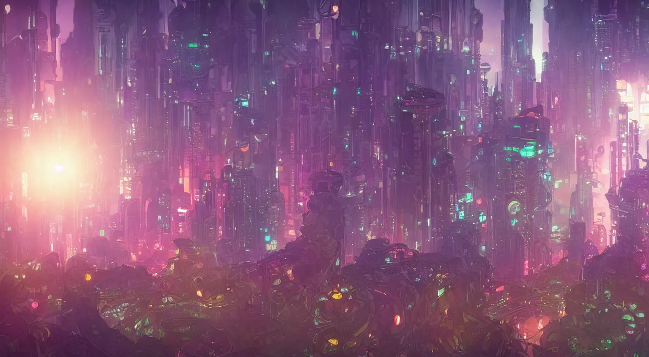 Prompt: a futuristic cityscape at night, with greenery, trees, flowers, neon lighting by Alfons Maria Mucha and Julie Dillon and Makoto Shinkai