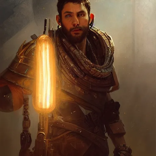 Prompt: handsome portrait of ezra klein posing, radiant light, caustics, war hero, apex legends, by gaston bussiere, bayard wu, greg rutkowski, giger, maxim verehin