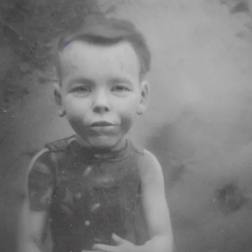 Image similar to tintype photo, swimming deep underwater, kid with huge clown