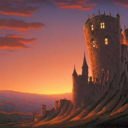 Image similar to haunted castle in a hill next to a giant valley, sunrise by gerald brom