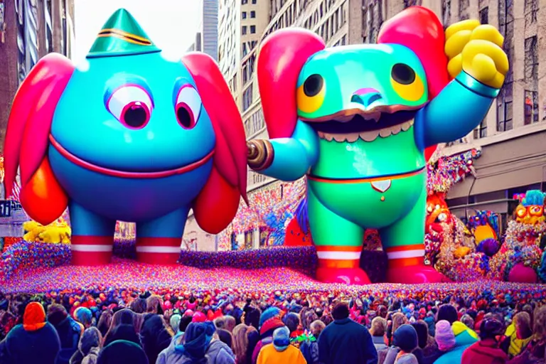 Image similar to photo of giant cute elaborate parade float character designed by ( ( ( ( ( ( ( ( rutowski ) ) ) ) ) ) ) ) and beeple!!!!!!!!!!!!!!, in the macys parade, detailed 4 k photo,