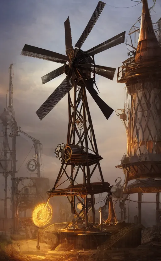 Image similar to a steampunk windmill, robot, ash, electricity lightning, concept art, sharp focus, intricate details, highly detailed, photorealistic, disney pixar, octane render, iridescent, anime, 8 k