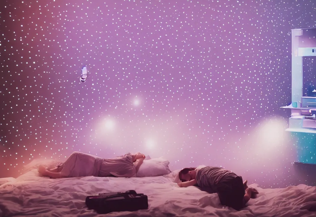 Image similar to 3 d floating people dream popping out of curved movie screen, volumetric lighting, bedroom, sleeping, pair of keycards on table, bokeh, thin glowing dot, creterion collection, shot on 7 0 mm, instax