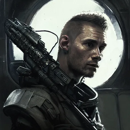 Prompt: portrait of a man by greg rutkowski, jenzen ackles as a weyland - yutani mercenary, from aliens franchise, he is about 3 0 years old, military composure, wearing white and black colored tactical gear, highly detailed portrait, digital painting, artstation, concept art, smooth, sharp foccus ilustration, artstation hq