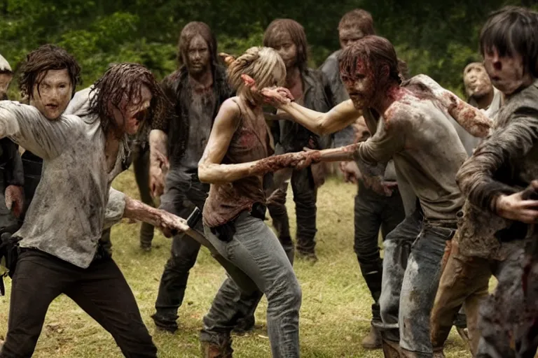 Image similar to the cast of sout park in the walking dead fighting zombies, movie still, 8 k, from the newest season the walking dead, cinematic lighting, hd