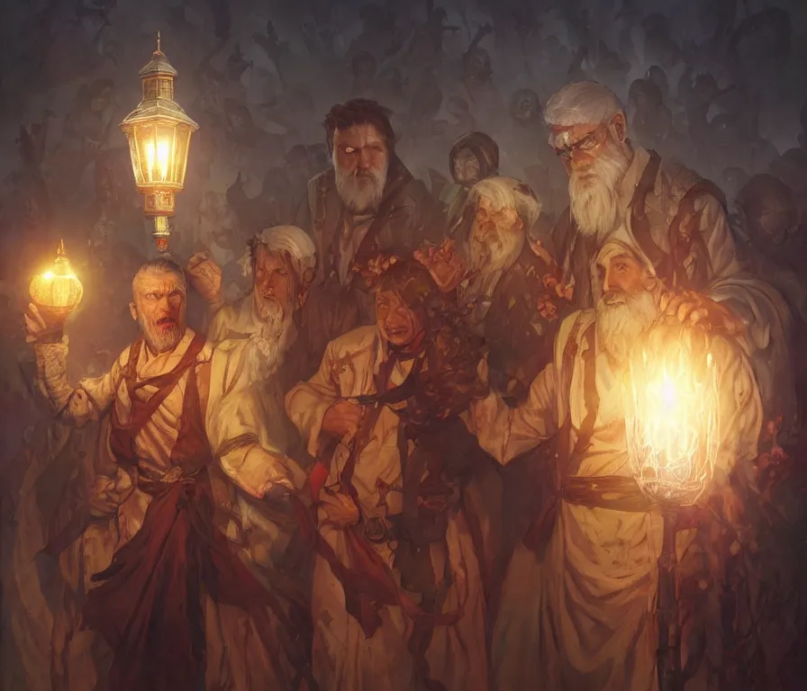 Image similar to male senior cleric holding a lantern surrounded by zombies, highly detailed, digital painting, artstation, concept art, smooth, sharp focus, illustration, art by artgerm and greg rutkowski and alphonse mucha and andrei riabovitchev