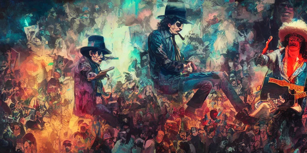 Image similar to rolling thunder revue, bob dylan, colorful, contrast, kim jung gi, greg rutkowski, zabrocki, karlkka, jayison devadas, trending on artstation, 8 k, ultra wide angle, pincushion lens effect