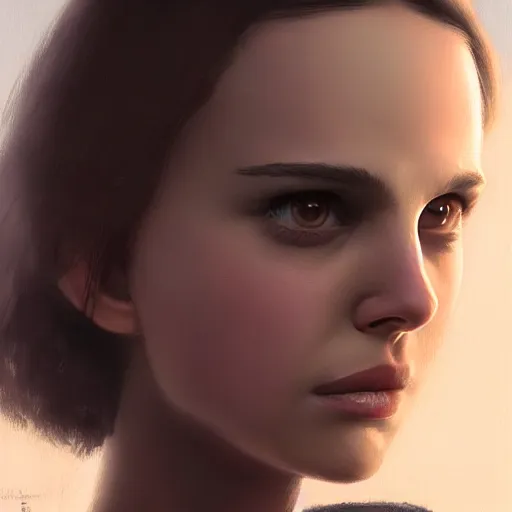 Image similar to closeup portrait of a young natalie portman, matilda from leon the professional, dramatic light, gorgeous view, depth, high detail, digital art, painted by greg rutkowski and seb mckinnon, by tim burton, trending on artstation