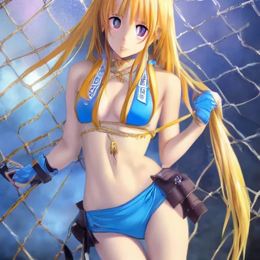 Prompt: a very beautiful young yuuki asuna, full body, long wavy blond hair, sky blue eyes, full round face,, shiny golden bikini, miniskirt, front shot, locked in a bright prison cell, highly detailed, cinematic wallpaper by stanley artgerm lau