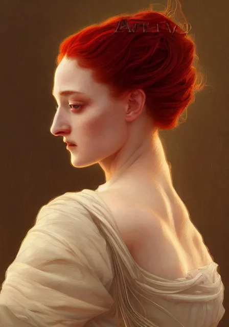 Image similar to portrait of red sansa stark, intricate, elegant, highly detailed, digital painting, artstation, concept art, smooth, sharp focus, illustration, art by artgerm and greg rutkowski and alphonse mucha and william - adolphe bouguereau