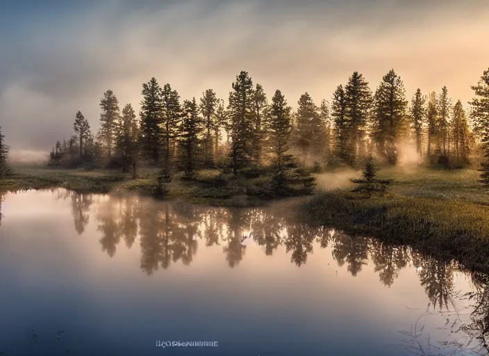 Prompt: nordic mire, scenic sunrise, hdr, photorealism, mist, enchanting scenery, fairies dancing, nikon d 8 5 0, wide lens, sigma 5 5