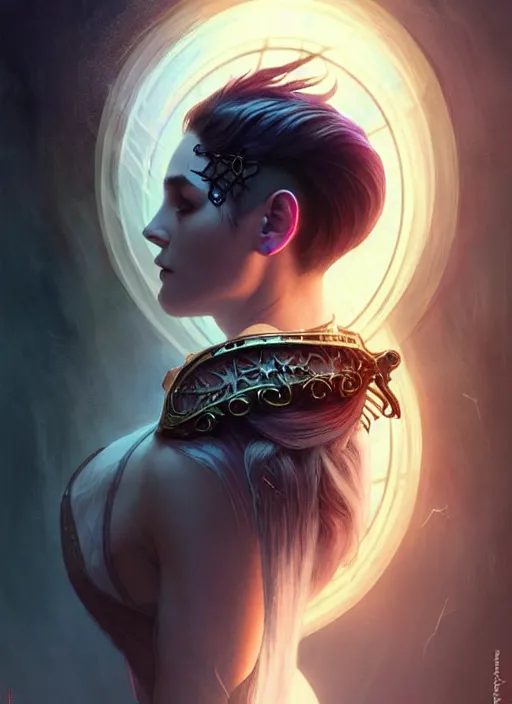 Image similar to a beautiful cinematic female Necromancer Sorceress, galatic shamen with Quantum energy fantasy, fantasy magic, short fade hair, undercut hairstyle, dark light night, intricate, elegant, sharp focus, illustration, highly detailed, digital painting, concept art, matte, art by WLOP and Artgerm and Greg Rutkowski and Alphonse Mucha, masterpiece