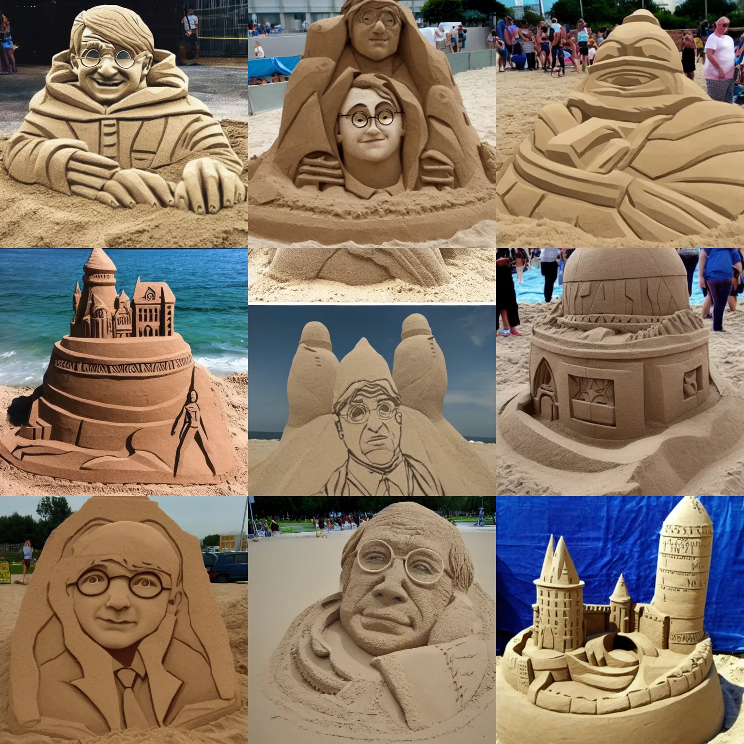 Prompt: sand sculpture of harry potter.