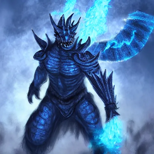 Prompt: a blue dragonborn with half of his face flaming with blue flame standing in a big cave, digital art