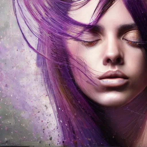 Prompt: masterpiece dynamic portrait of an aesthetic beautiful realistic black haired woman, purple strands, 3 0 years old woman, mid long hair, black eyed, by joachim bergauer and wlop, artstation, deviantart, large view, motion blur, high aperture, pouring acrylic chaotic background, detailed, intricate, 8 k