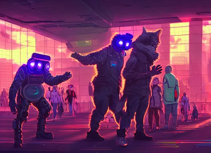 Image similar to high - resolution photograph from a cyberpunk era furry fandom convention ( midwest furfest 2 0 4 7 ), taking place after the genetic revolution and quantum singularity. photorealistic.