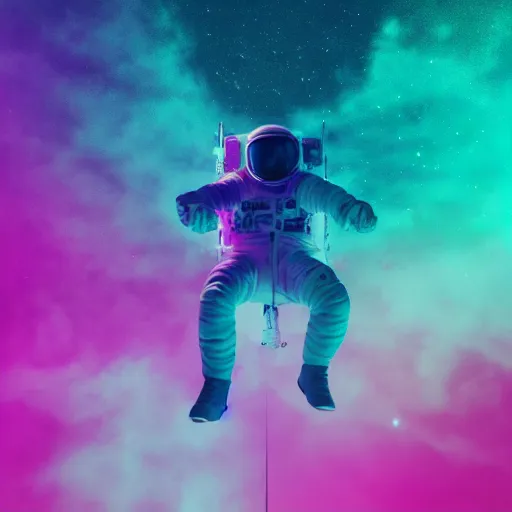 Image similar to rainbow vapor wave astronaut full body wide shot gradient map cyan magenta yellow, movie still, cinematic, photorealistic, extreme detail, sharp focus, 8 k, intricate, hyper detailed, realistic, cinematic lighting