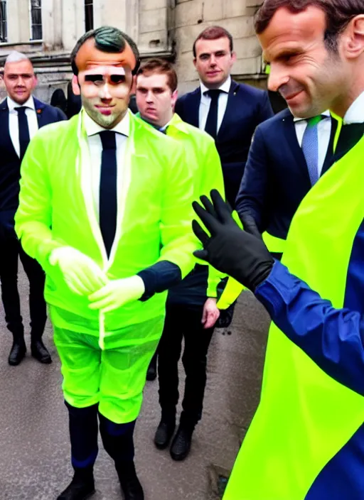 Prompt: macron wearing hivis and rubber gloves