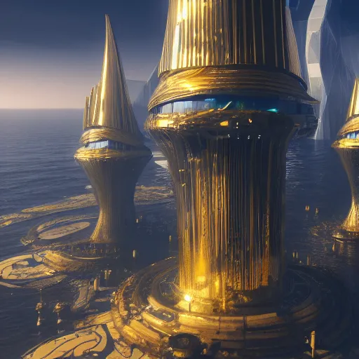 Prompt: a golden fantasy sci fi luxurious city with cerulean oceansides and a tower, scandinavian / norse influenced, cinematic, ray traced, octane render, cinematic lighting, ultrarealistic, featured on artstation, 8 k uhd artwork