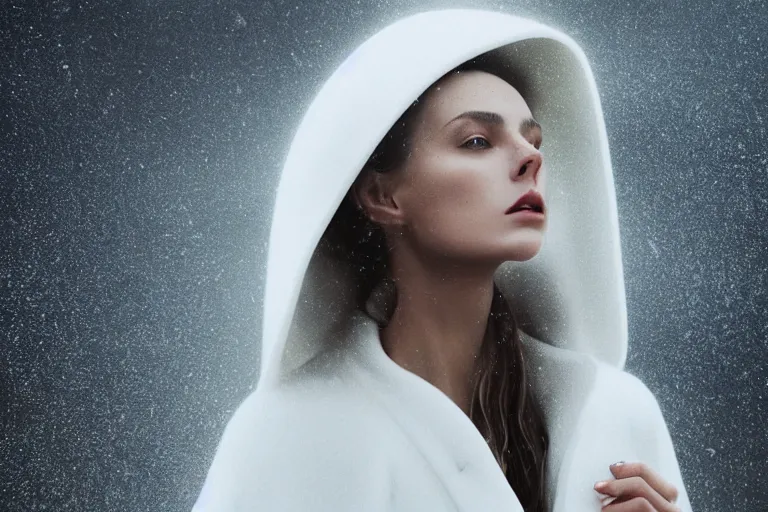 Prompt: a cinematic bust portrait of a beautiful model woman wearing long white futuristic coat, on the top of a mountain, large diffused light, neon light, 4 k, ultra realistic, dramatic lighting, rain, clouds, fog, vogue, fashion, glamour, magazine spread, by marco mazzoni and jessica rossier