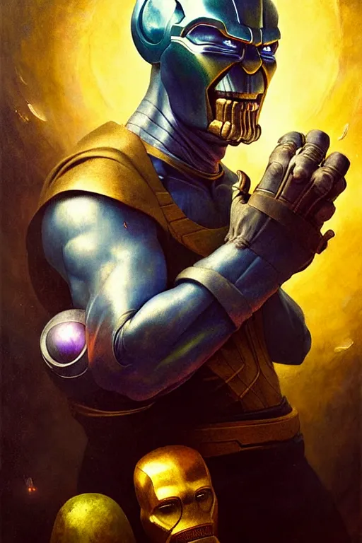 Prompt: hieronymus bosch, greg rutkowski, anna podedworna, painting of thanos eating the infinity gauntlet