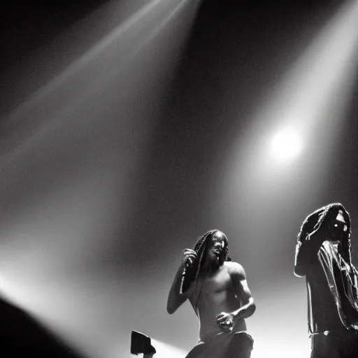 Image similar to a dramatic photograph of snoop dog and bob marley in concert in an infinite universe of mystical light, ground haze, dramatic lighting, filmic, cinematographic, sci - fi