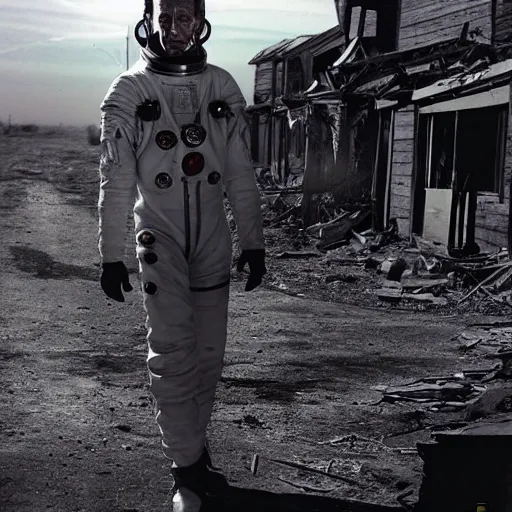 Image similar to Peter Cushing wearing an astronaut suit in an abandoned post apocalyptic western town at sunset, realistic