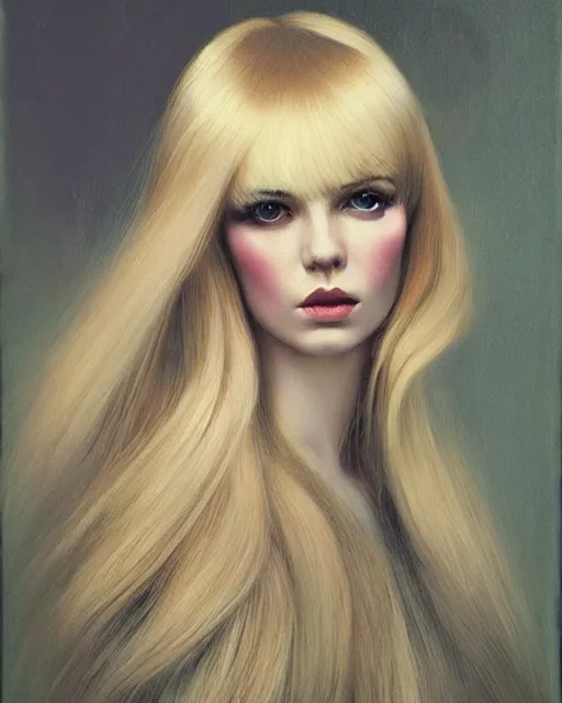 Prompt: portrait 1 9 6 0 s elegant blonde beautiful mod girl, long straight 6 0 s hair with bangs, groovy, by tom bagshaw, sargent