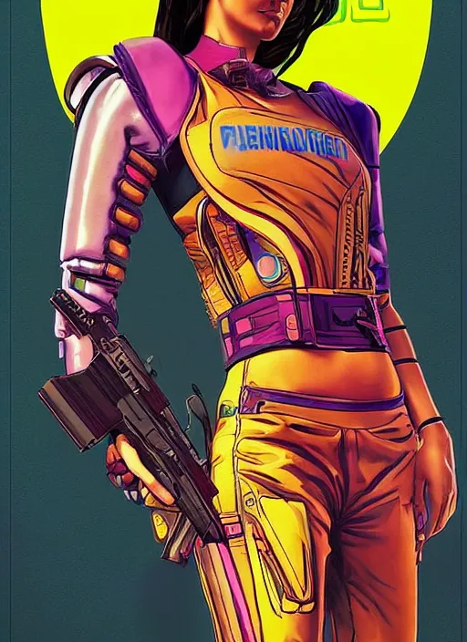 Image similar to beautiful cyberpunk female athlete wearing pink jumpsuit and firing a futuristic yellow belt fed automatic pistol. poster for pistol. cyberpunk ad poster by james gurney, azamat khairov, and alphonso mucha. artstationhq. gorgeous face. painting with vivid color, cell shading. buy now! ( rb 6 s, cyberpunk 2 0 7 7 )