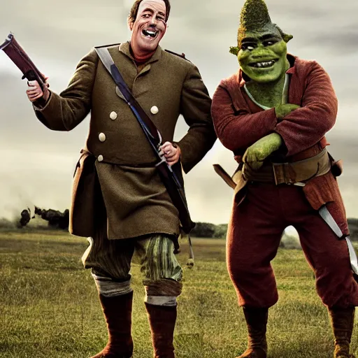 Image similar to jerry seinfeld and bryan cranston in the civil war dressed up like shrek on the battlefield, old timey combat photography combat art by stuart brown 8 k hyperrealism