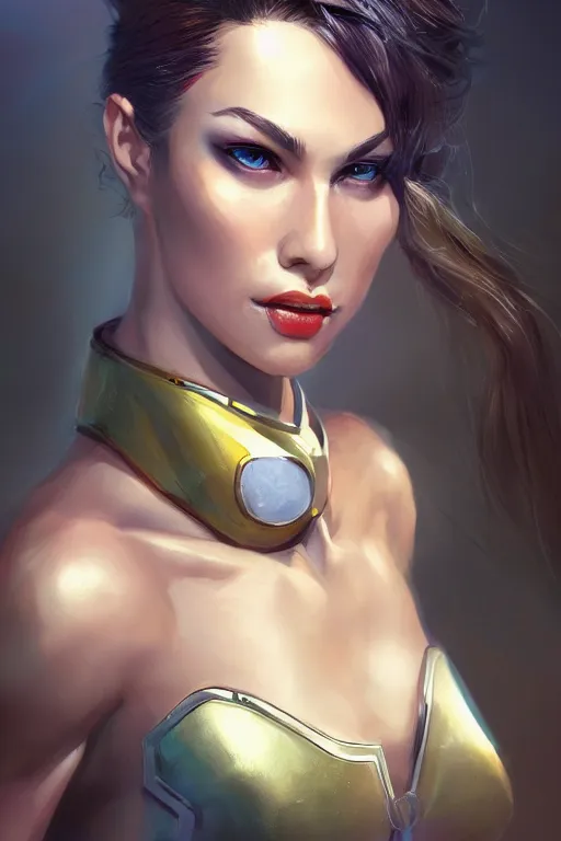 Image similar to three quarters portrait pose of a beautiful woman,super hero costume,super powers,heroic pose,highly detailed, digital painting, artstation,illustration, art by Stanley Lau