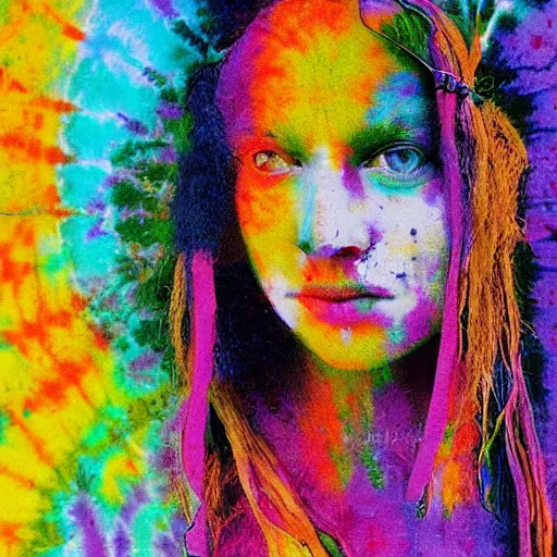 Prompt: a painting of a hippy woman in tie-dye at woodstock, natural colours, character photography, Exquisite detail, post-processing, masterpiece, by Eva Widermann