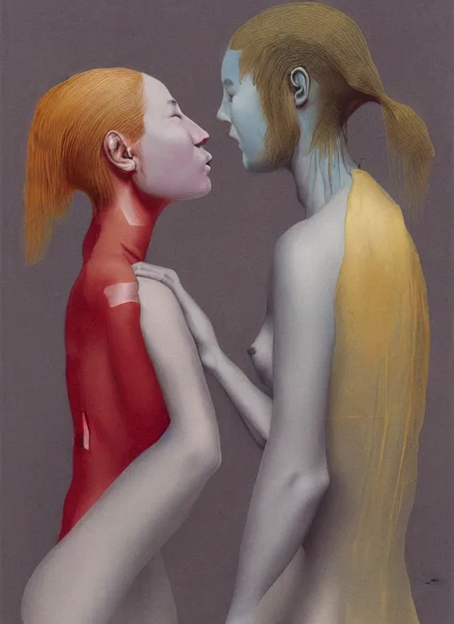 Image similar to two women spherical heads kissing wearing translucent dress made of plastic bags Edward Hopper and James Gilleard, Zdzislaw Beksinski, highly detailed