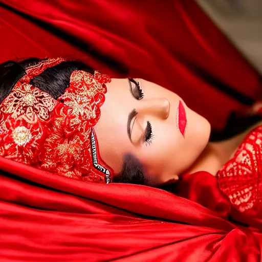 Image similar to detailed closeup photo of beautiful moroccan woman lying bare on silky red sheets. canon dslr 5 d.. cinematic