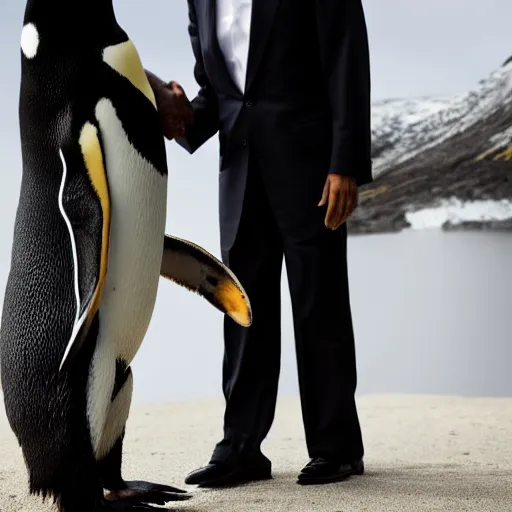 Image similar to Obama and a Penguin shaking hands, 40nm, shallow depth of field, split lighting, 4k,