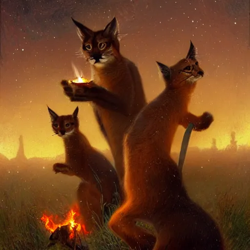 Image similar to three cute caracals wearing red ties with guitar, campfire, night, atmospheric lighting, intricate, volumetric lighting, digital art, highly detailed by gaston bussiere, craig mullins, j. c. leyendecker 8 k