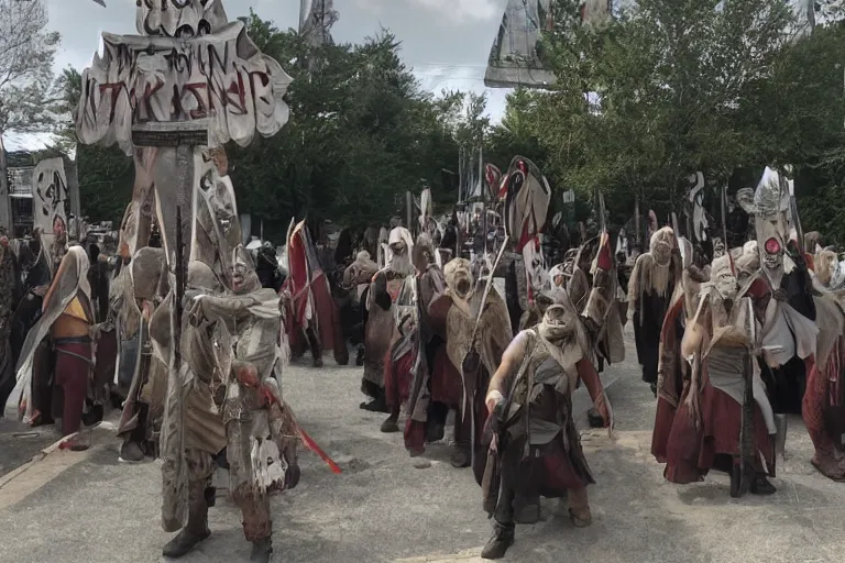 Image similar to cellphone photograph of lord of the rings uruk - hai and orcs protesting the working conditions at a mcdonalds parking lot in the daylight. dirty mcdonalds uniforms, aprons. picket signs and battleaxes in hand